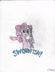 Size: 5100x6600 | Tagged: safe, artist:endlesswire94, pinkie pie, earth pony, fish, pony, absurd resolution, marx brothers, parody, sword, traditional art