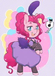 Size: 600x830 | Tagged: safe, artist:paichitaron, pinkie pie, earth pony, pony, bipedal, blushing, saloon dress, saloon pinkie, singing, solo