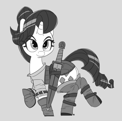 Size: 1280x1270 | Tagged: safe, artist:pabbley, rarity, pony, unicorn, alternate hairstyle, alternate universe, armor, ciri, crossover, grayscale, monochrome, raised hoof, simple background, solo, sword, sword rara, the witcher, weapon