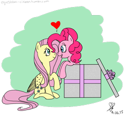 Size: 655x600 | Tagged: safe, artist:mouch30, fluttershy, pinkie pie, earth pony, pegasus, pony, box, female, flutterpie, heart, lesbian, pony in a box, shipping