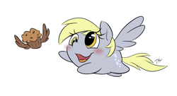 Size: 5500x3000 | Tagged: safe, artist:fakskis, derpy hooves, pegasus, 30minuteschallenge, blushing, chase, chibi, chubbie, cute, cutie mark, derpabetes, female, flying, food, muffin, open mouth, smol, solo, wings