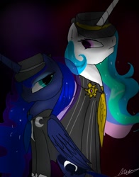 Size: 1188x1518 | Tagged: safe, artist:nuttypanutdy, princess celestia, princess luna, alicorn, pony, hat, mafia