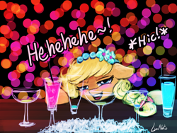 Size: 1920x1440 | Tagged: safe, artist:lumineko, applejack, earth pony, pony, bar, blushing, bokeh, cocktail, drink, drunk, drunk aj, pixiv, solo