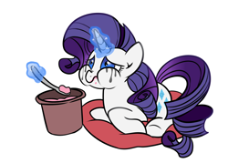 Size: 1400x1000 | Tagged: safe, artist:haden-2375, rarity, pony, unicorn, :t, bucket, comfort eating, crying, eating, food, frown, ice cream, levitation, magic, makeup, marshmelodrama, nose wrinkle, pillow, prone, puffy cheeks, running makeup, sad, simple background, solo, spoon, telekinesis, underhoof, white background