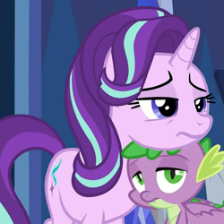 Size: 663x662 | Tagged: safe, screencap, spike, starlight glimmer, dragon, pony, unicorn, spoiler:cakes for the memories, spoiler:mlp friendship is forever, cakes for the memories, cropped, cute, daaaaaaaaaaaw, female, glimmerbetes, hnnng, male, mare, sleepy, spikabetes, tired, twilight's castle, winged spike