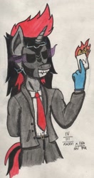 Size: 650x1227 | Tagged: safe, artist:mane-shaker, derpibooru import, king sombra, oc, oc:mane shaker, anthro, unicorn, card, clothes, colored, crossover, mask, necktie, payday, payday 2, solo, suit, traditional art