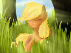 Size: 800x600 | Tagged: safe, artist:karichan11, applejack, earth pony, pony, eyes closed, grass, prone, smiling, solo