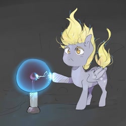 Size: 1024x1024 | Tagged: safe, artist:katemaximova, derpy hooves, pegasus, pony, slice of life (episode), :<, black background, cute, derpabetes, ear fluff, electricity, female, mare, plasma ball, scene interpretation, simple background, solo, static