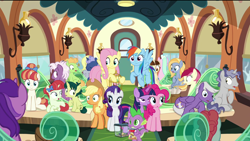 Size: 1920x1080 | Tagged: safe, screencap, amethyst star, applejack, dawnlighter, derpy hooves, fluttershy, goldy wings, green sprout, loganberry, midnight snack (character), pinkie pie, rainberry, rainbow dash, rainbow stars, rarity, roseluck, silver script, sparkler, spike, star bright, tender brush, twilight sparkle, twilight sparkle (alicorn), winter lotus, alicorn, dragon, earth pony, pegasus, pony, spider, star spider, unicorn, the last problem, background pony, colt, faic, female, filly, fishtank, friendship student, male, mane seven, mane six, mare, peppe ronnie, shocked, stallion, surprised, train, winged spike
