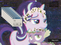 Size: 1125x844 | Tagged: safe, edit, edited screencap, screencap, spike, starlight glimmer, dragon, pony, unicorn, spoiler:cakes for the memories, spoiler:mlp friendship is forever, cakes for the memories, chromatic aberration, cropped, duo, floral head wreath, flower, vaporwave, winged spike