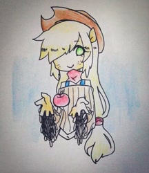 Size: 552x640 | Tagged: safe, artist:zhu skin, applejack, human, eared humanization, humanized, pixiv, solo, traditional art