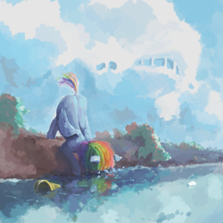 Size: 4000x4000 | Tagged: safe, artist:sharpieboss, derpibooru import, rainbow dash, pegasus, pony, absurd resolution, bucket, cloud, cloudy, solo, water