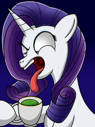 Size: 2480x3340 | Tagged: safe, artist:heartshielder1991, rarity, pony, unicorn, beverage, cup, mouth hold, open mouth, solo, tongue out, yuck