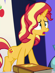 Size: 602x787 | Tagged: safe, screencap, sunset shimmer, pony, unicorn, better together, equestria girls, spring breakdown, book, cropped, friendship throne, solo