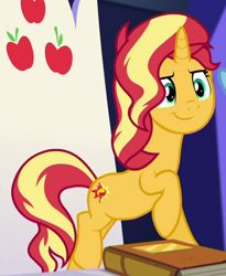 Size: 588x718 | Tagged: safe, screencap, sunset shimmer, pony, unicorn, better together, equestria girls, spring breakdown, book, cropped, cute, friendship throne, shimmerbetes, solo