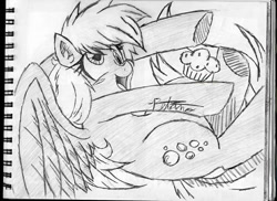 Size: 960x697 | Tagged: safe, artist:petanoprime, derpy hooves, pegasus, pony, female, food, mare, monochrome, muffin, notepad, open mouth, signature, smiling, solo, traditional art