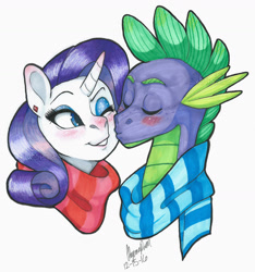 Size: 1600x1706 | Tagged: safe, artist:whisperseas, rarity, spike, dragon, pony, unicorn, blushing, clothes, kissing, male, older, older spike, scarf, shipping, sparity, straight