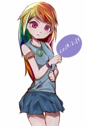 Size: 882x1288 | Tagged: safe, artist:班迪特, derpibooru import, rainbow dash, human, bracelet, clothes, cute, female, human coloration, humanized, jewelry, looking at you, miniskirt, moe, pleated skirt, simple background, skirt, solo, thighs, white background