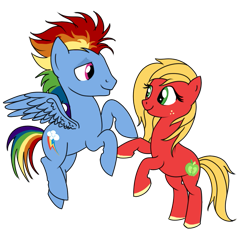 Size: 679x645 | Tagged: safe, artist:karmadash, derpibooru import, big macintosh, macareina, rainbow blitz, rainbow dash, pegasus, pony, backwards cutie mark, female, male, rainbowmac, rule 63, shipping, straight