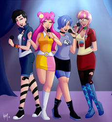 Size: 1300x1415 | Tagged: safe, alternate version, artist:emberfan11, oc, oc:glitter shine (ice1517), oc:night rose (ice1517), human, ami onuki, belt, boots, bow, bracelet, breasts, cartoon network, choker, clothes, commission, compression shorts, concert, converse, crossover, curtains, denim, denim shorts, dress, ear piercing, earring, female, glasses, hair bow, hair over one eye, hi hi puffy ami yumi, humanized, humanized oc, jacket, jewelry, lipstick, microphone, miniskirt, one eye closed, open mouth, pantyhose, piercing, pigtails, ripped pantyhose, shirt, shoes, shorts, singing, skirt, sneakers, socks, spiked choker, spiked wristband, stage, stockings, t-shirt, tanktop, tattoo, thigh highs, torn clothes, torn stockings, twintails, wall of tags, wink, wristband, yumi yoshimura