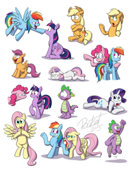 Size: 850x1100 | Tagged: safe, artist:octanbearcat, derpibooru import, applejack, fluttershy, pinkie pie, rainbow dash, rarity, scootaloo, spike, sweetie belle, twilight sparkle, twilight sparkle (alicorn), alicorn, dragon, earth pony, pegasus, pony, unicorn, boop, female, mane seven, mane six, mare