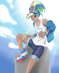 Size: 2669x3295 | Tagged: safe, artist:mantarwolf, derpibooru import, rainbow dash, human, clothes, dark skin, fanart, glasses, goggles, humanized, jacket, kotobukiya, kotobukiya rainbow dash, looking at you, sky, solo, tanktop