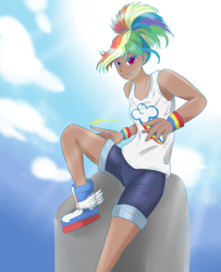 Size: 2669x3295 | Tagged: safe, alternate version, artist:mantarwolf, derpibooru import, rainbow dash, human, dark skin, fanart, humanized, kotobukiya, kotobukiya rainbow dash, looking at you, sky, solo