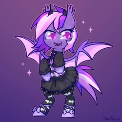 Size: 900x900 | Tagged: safe, artist:dawnfire, oc, oc only, oc:midnight mist, bat pony, pony, bat pony oc, bipedal, clothes, collar, dress, fangs, female, goth, gothic, gothic lolita, gradient background, mare, shoes, socks, solo, sparkles, thigh highs, tutu