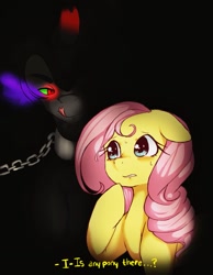 Size: 787x1014 | Tagged: artist needed, safe, derpibooru import, fluttershy, king sombra, pegasus, pony, unicorn, anxiety, chains, dark, female, licking, licking lips, male, meeting, nervous, scared, shipping, sombrashy, straight, tongue out