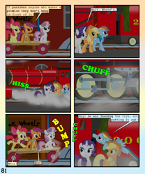 Size: 900x1080 | Tagged: safe, artist:lister-of-smeg, derpibooru import, apple bloom, applejack, rainbow dash, rarity, scootaloo, sweetie belle, earth pony, pegasus, pony, unicorn, comic:horkosworks, comic, cutie mark crusaders, hand car, train