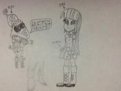 Size: 2592x1936 | Tagged: safe, derpibooru import, twilight sparkle, alien, fish, equestria girls, angry, crossdressing, crossover, dialogue, drawing, floating, spatula, spatulon, splapp-me-do, traditional art, wat