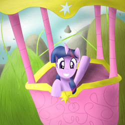 Size: 2000x2000 | Tagged: safe, artist:kriswanted, derpibooru import, twilight sparkle, cloud, cloudy, flying, hot air balloon, mountain, sky, solo, twinkling balloon