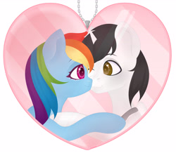 Size: 4302x3750 | Tagged: safe, artist:bestiary, derpibooru import, rainbow dash, oc, oc:shiron, alicorn, pegasus, pony, alicorn oc, canon x oc, heart, horn, jewelry, moon, necklace, shinbow, shipping, wings