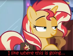 Size: 1544x1196 | Tagged: safe, edit, edited screencap, editor:leonidus, screencap, sunset shimmer, pony, unicorn, equestria girls, mirror magic, spoiler:eqg specials, bedroom eyes, book, cropped, dialogue, journal, mirror, portal, reaction image, smiling, smirk, solo, text