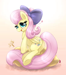 Size: 1050x1200 | Tagged: safe, artist:joakaha, fluttershy, pegasus, pony, alternate hairstyle, bow, hair bow, heart, looking at you, open mouth, pillow, plot, solo, underhoof