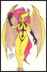 Size: 464x700 | Tagged: safe, artist:rdk, fluttershy, anthro, bats!, apple, flutterbat, simple background, solo, traditional art