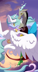 Size: 2147x4065 | Tagged: safe, artist:twigpony, discord, princess celestia, alicorn, pony, dislestia, female, flying, hug, looking at each other, male, shipping, straight