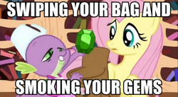 Size: 820x450 | Tagged: safe, screencap, fluttershy, spike, dragon, pegasus, pony, image macro, meme, stoner spike