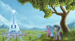 Size: 2000x1100 | Tagged: safe, artist:emeraldgalaxy, derpibooru import, idw, king sombra, radiant hope, pony, unicorn, spoiler:comic, colt sombra, crystal empire, scenery