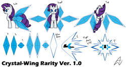 Size: 2250x1200 | Tagged: safe, artist:acesrockz, rarity, pony, unicorn, aerial view, crystal wings, cutie mark, floating wings, reference sheet, simple background, smiling, solo, white background