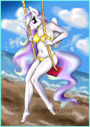 Size: 1024x1436 | Tagged: safe, artist:kamisia, princess celestia, alicorn, anthro, plantigrade anthro, barefoot, beach, bikini, clothes, feet, solo, swimsuit, swing