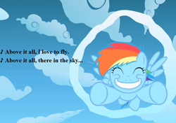 Size: 918x648 | Tagged: safe, derpibooru import, edit, edited screencap, screencap, rainbow dash, pegasus, pony, sonic rainboom (episode), above it all (sesame street), cropped, cute, dashabetes, female, filly, filly rainbow dash, flight camp, lyrics, sesame street, song reference, text, younger