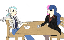 Size: 4152x2608 | Tagged: safe, artist:jesterofdestiny, derpibooru exclusive, bon bon, lyra heartstrings, sweetie drops, human, blouse, chair, clothes, coffee, digitally colored, dress shirt, duo, humanized, jeans, looking at each other, necktie, open mouth, pants, pantyhose, pinstripes, plate, ponytail, satin, shirt, silk, simple background, sitting, skirt, skirt suit, stockings, suit, suspenders, table, thigh highs, traditional art, tube skirt, white background