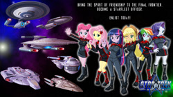 Size: 1024x576 | Tagged: safe, artist:captricosakara, derpibooru import, applejack, fluttershy, pinkie pie, rainbow dash, rarity, twilight sparkle, equestria girls, boots, captain, clothes, commission, compilation, crossover, defiant, galaxy, humane six, mane six, miranda, recruitment poster, skirt, space, spaceship, star trek, star trek online, starfleet, twilight spockle, uniform, vulcan salute