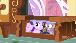 Size: 1280x720 | Tagged: safe, screencap, spike, starlight glimmer, dragon, pony, unicorn, spoiler:cakes for the memories, spoiler:mlp friendship is forever, 9go, australia, cakes for the memories, cupboard, smiling, winged spike