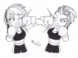 Size: 900x668 | Tagged: safe, artist:mayorlight, derpibooru import, indigo zap, rainbow dash, equestria girls, friendship games, boxing, cross counter, ink drawing, inktober, monochrome, traditional art