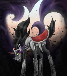 Size: 1600x1800 | Tagged: safe, artist:cross-the-swirl, derpibooru import, king sombra, pony, unicorn, armor, dark magic, darkness, evil grin, magic, shadow, shadows, solo, sombra eyes