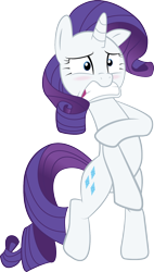 Size: 886x1564 | Tagged: safe, artist:hoodie-stalker, rarity, pony, unicorn, make new friends but keep discord, bipedal, blushing, covering, covering crotch, embarrassed, naked rarity, simple background, solo, transparent background, vector, we don't normally wear clothes