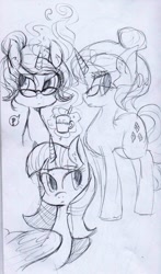 Size: 574x976 | Tagged: safe, artist:nelauk, derpibooru import, rarity, twilight sparkle, twilight sparkle (alicorn), alicorn, pony, unicorn, female, magic, mare, monochrome, traditional art