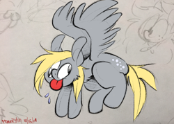 Size: 900x643 | Tagged: safe, artist:powerjam, derpy hooves, pegasus, pony, flying, solo, tongue out